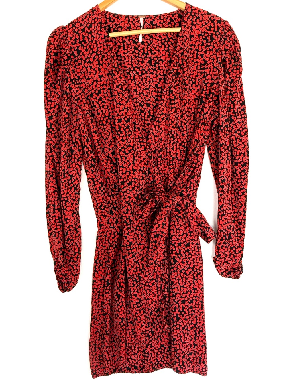Red Floral Wrap Dress with Long Sleeves Size 12